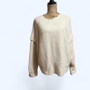 Express Cream Oversised Sweater with Ruffle on Sleeves Fuzzy Cozy Size L‎